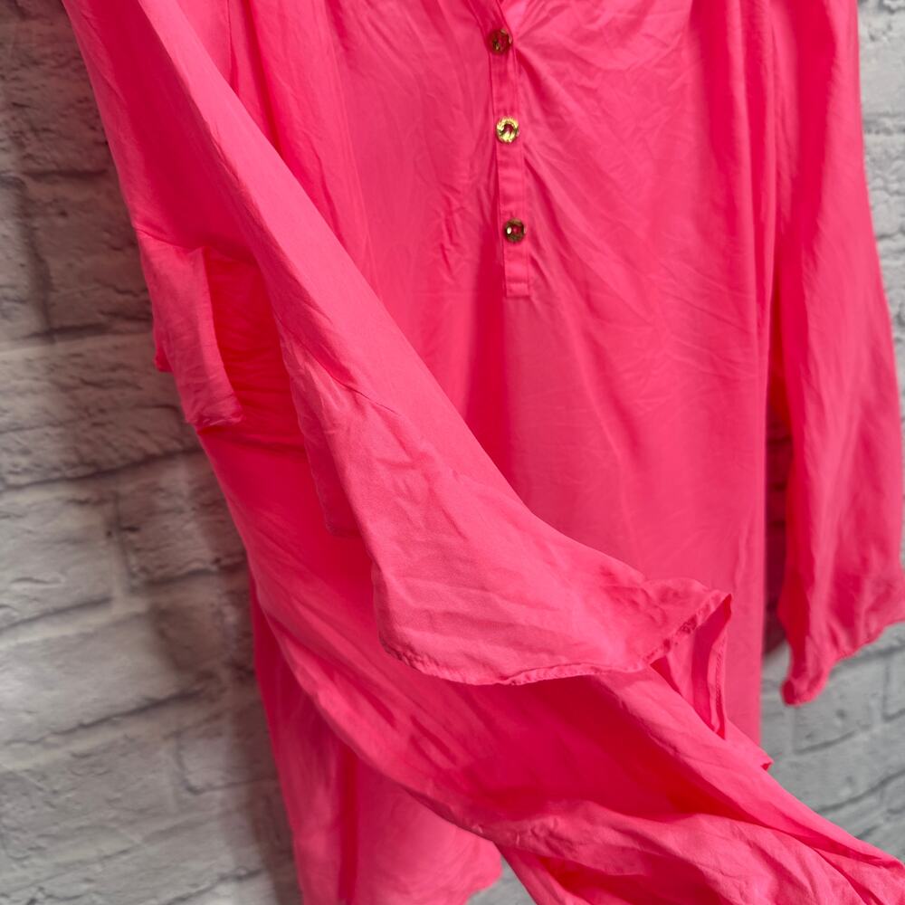 Lilly Pulitzer Elsa Silk Top Size XL Bright Pink Ruffle Sleeve V-Neck - Picture 3 of 6